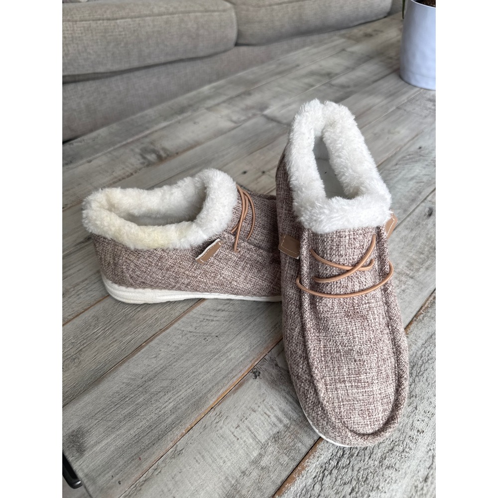 Womens Faux Fur Lined Moc Toe Loafers Taupe Woven Slip On Shoes Size 37
